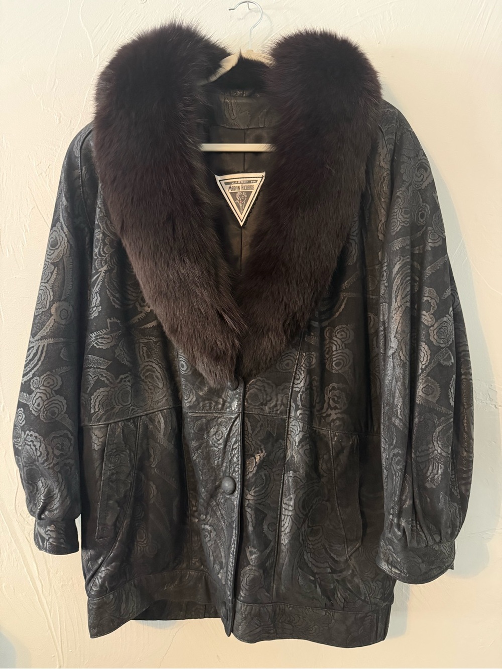 Vintage 80s J Percy Marvin Richards Leather Fox Fur Coat M Embossed Black